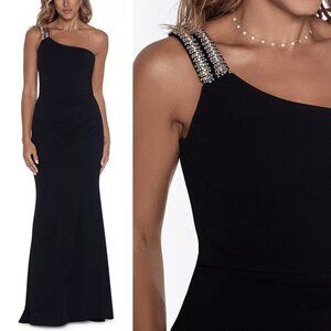 NWT XSCAPE Rhinestone-Strap One-Shoulder Gown in Black Sz. 14P
